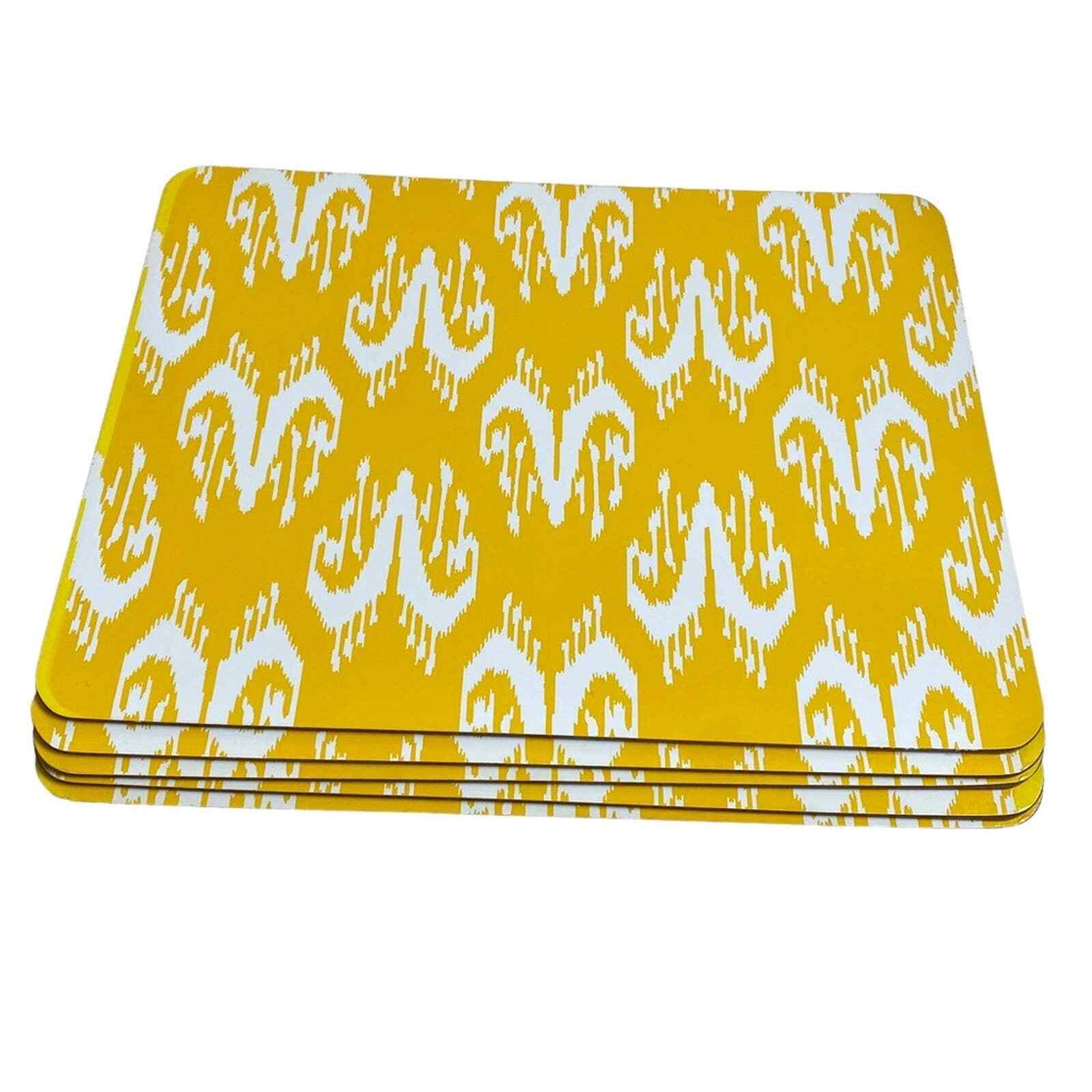 Yellow Ikat Cost Plus laminated placemats set of 5 cork backings 16x11