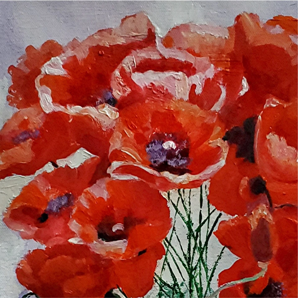 YARY DLUHOS Flor Amapola Roja Bodegón Jardín Floral Arte Original Pintura al Óleo Foto 2 de 4