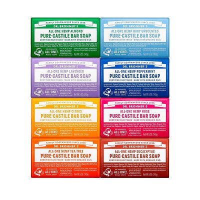 Dr Bronner's Pure Castile Bar Soap Variety Pack 8 Count Organic 5 oz Each