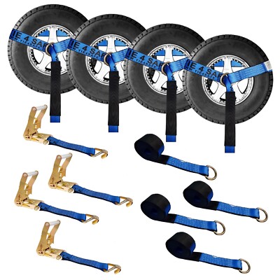 USA 4 Set 2'' x 10' Side Mount Wheel Net Tie Down Ratchet Strap w/ J Hook Blue