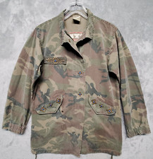 Western Denim Bank Jacket Womens Small Green Camo Military Embroidered Studded