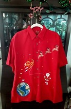 Bamboo Cay Men's CHRISTMAS IN SPACE Front Embroidered Red Shirt 2023 New