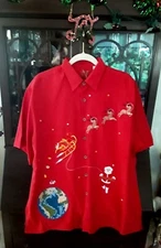 Bamboo Cay Men's CHRISTMAS IN SPACE Front Embroidered Red Shirt 2023 New
