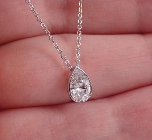 2ct Lab Created Bezel Pear Cut Diamond Teardrop Pendant 14k White Gold Finish - Picture 5 of 5