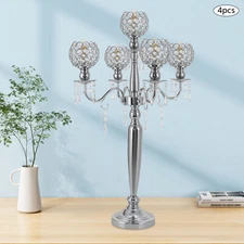 4 Pcs 5 Arm Crystal Candelabra Centerpieces Silver Candle Holder Freestanding