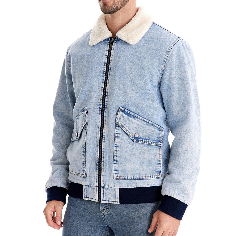 Men Denim Jacket Fleece Coat Classic Long Sleeve Shirt Casual Trucker Outwear