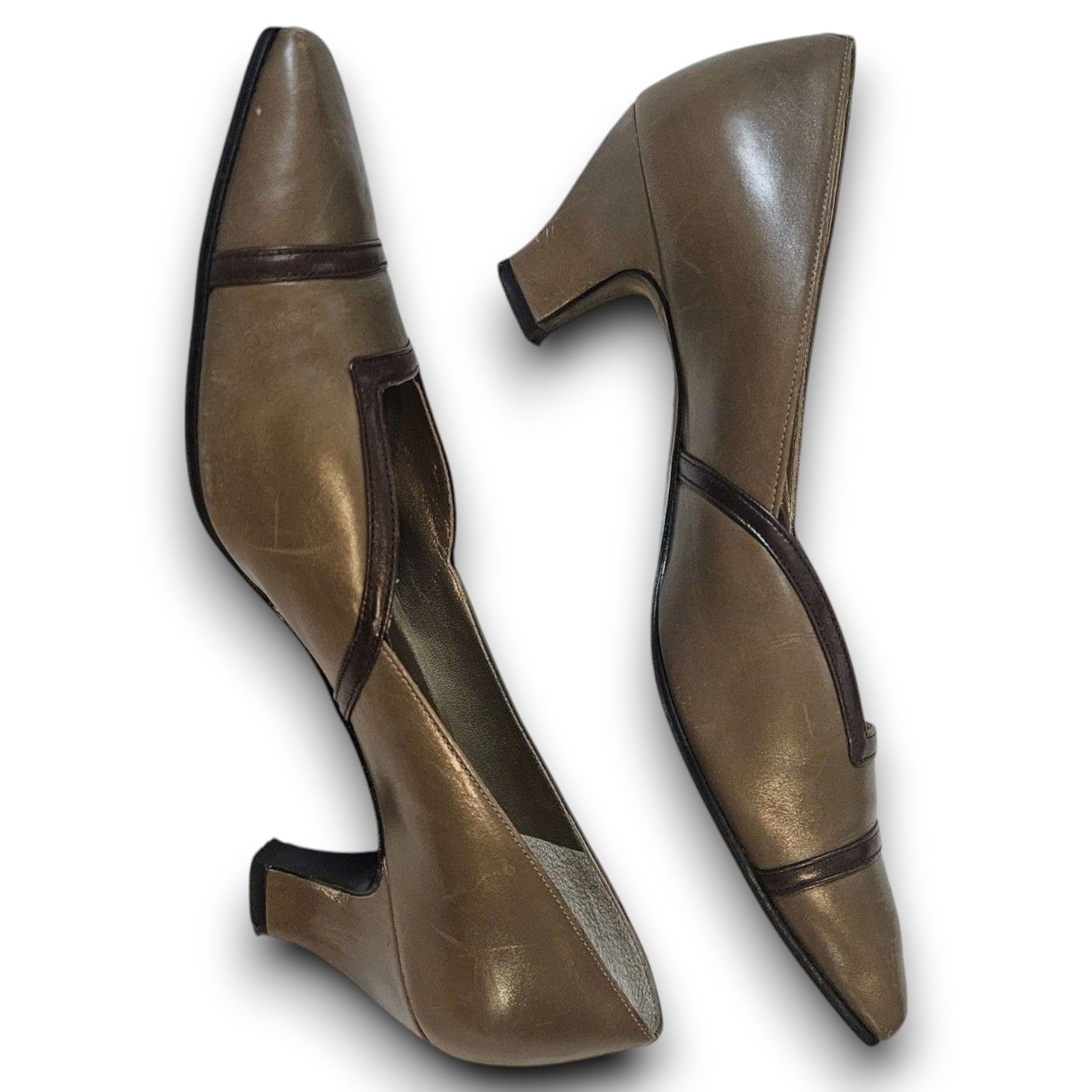 Yves Saint Laurent taupe pelle marrone vintage anni 80 tacco a pompa taglia EU 36 US 5 5