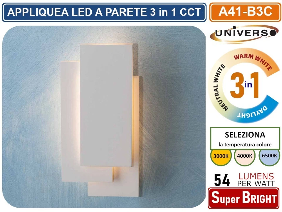APPLIQUE LED RETTANGOLARE A PARETE 12W CCT 3 COLORI LUCE SELEZIONABILI IP20 - Immagine 2 di 4