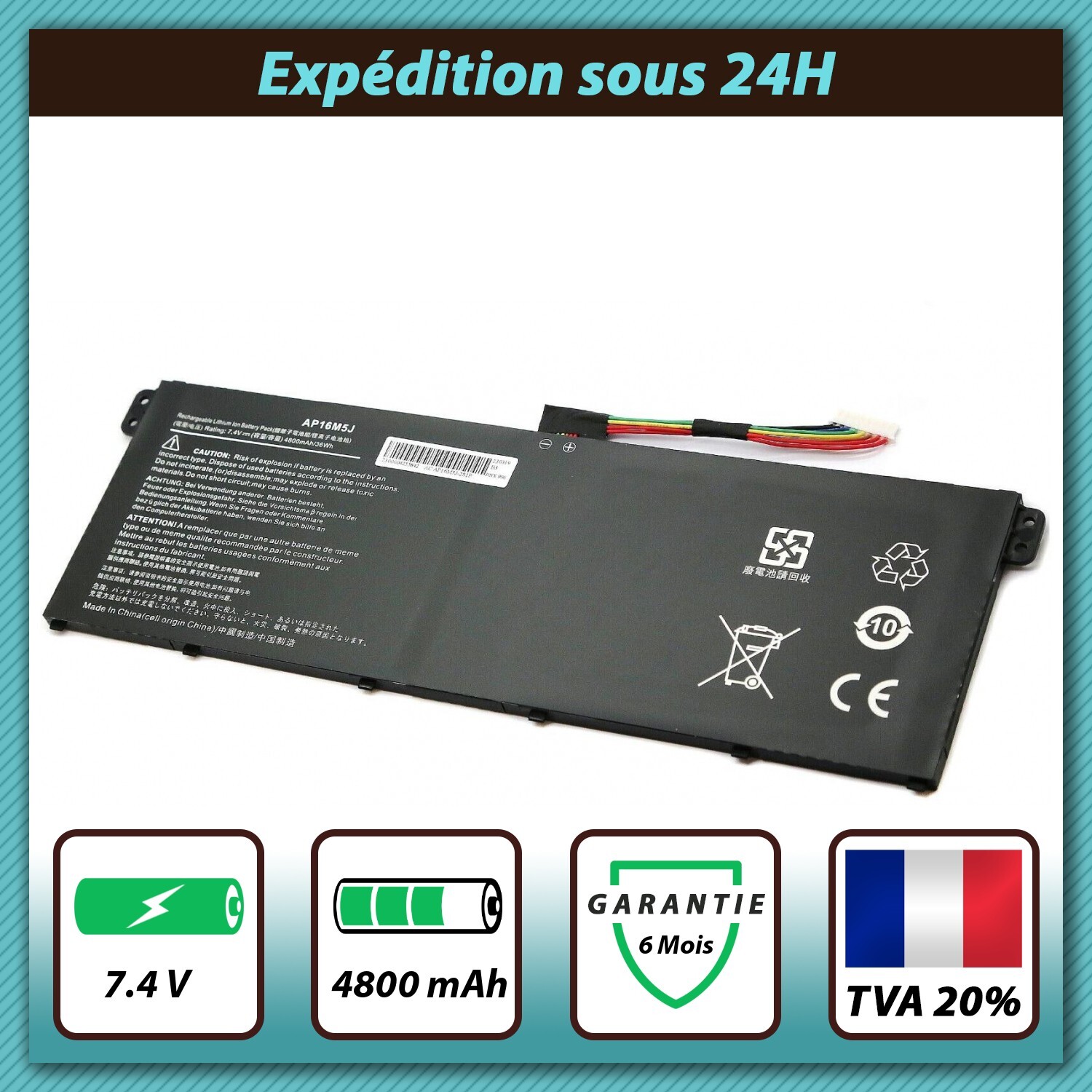 Batterie longue durée Acer Aspire 3 A315-21 cellules AP16M5J 4800mAh