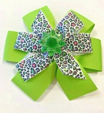 Beautiful Green Faux Crystal Flower inspired hair bow for girls. 