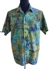 Pete Huntington Hawaiian Shirt Tropical Leaves Green Blue Tones Short Sleeve M