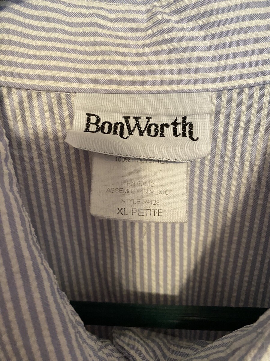 専用 XL Women's Bon Worth Blouse XLPetite Blue/White Seersucker Pin Stripe