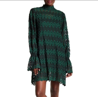 Green Free People Simone Mock Neck Lace Mini Dress Small NWT Bell Sleeve |  eBay