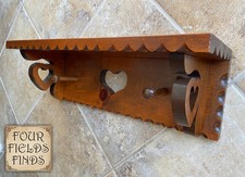 18" Vintage Farmhouse Handcrafted Stained Wood Wall Shelf Heart Cuts Outs 2 Pegs