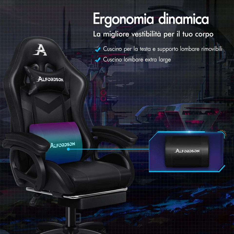 ALFORDSON Sedia Gaming con 12 Colori LED Massaggio Sedia Ufficio Nero - Immagine 3 di 4