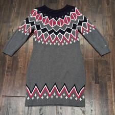 Tommy Hilfiger Fair Isle Knit Sweater Dress Women's Medium Gray Red Navy Thick
