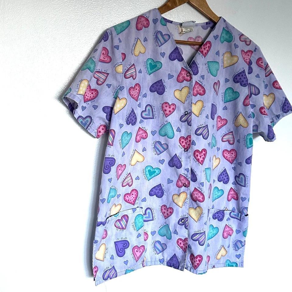 Simply Basic Scrub Top Women's Large Purple Heart Short Sleeve Pockets Snap - Image 2 of 4