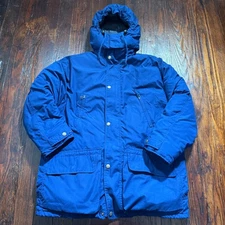 Vintage Eddie Bauer Jacket Mens Medium Blue Parka 90s Chore Hooded Goose Down