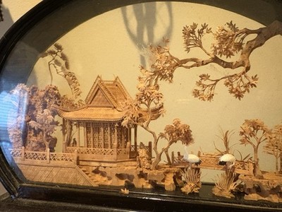 Vtg San Diorama Cork HandCarved W/ Pagoda Trees & Cranes In Glass Case