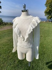 1980s Cream Sweater w V-Ruffle Grandmacore Womens Size Medium NWT Vtg Style