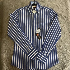 7 Camicie Men Slim Fit Blue White Vertical Stripe Button Euro Dress Shirt Small