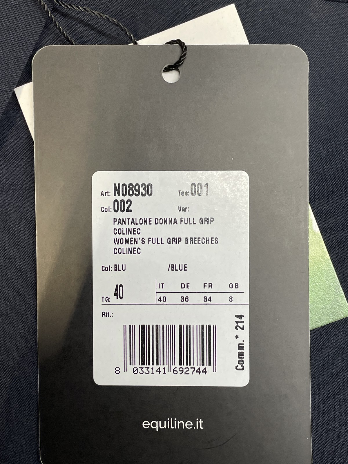 Equiline Womens Equestrian Pants Colinec Full Seat Breeches Blue, Size 40 (US 8)