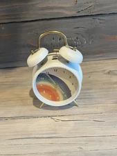 TWIN BELL Rainbow Design Cream ALARM CLOCK Non Ticking Retro Style 7” Tall