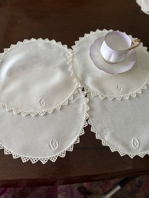 Lovely VTG Handmade 4 @ 10  Tea Mats/DOILIES ~ Crochet Edges And Monogram  O 