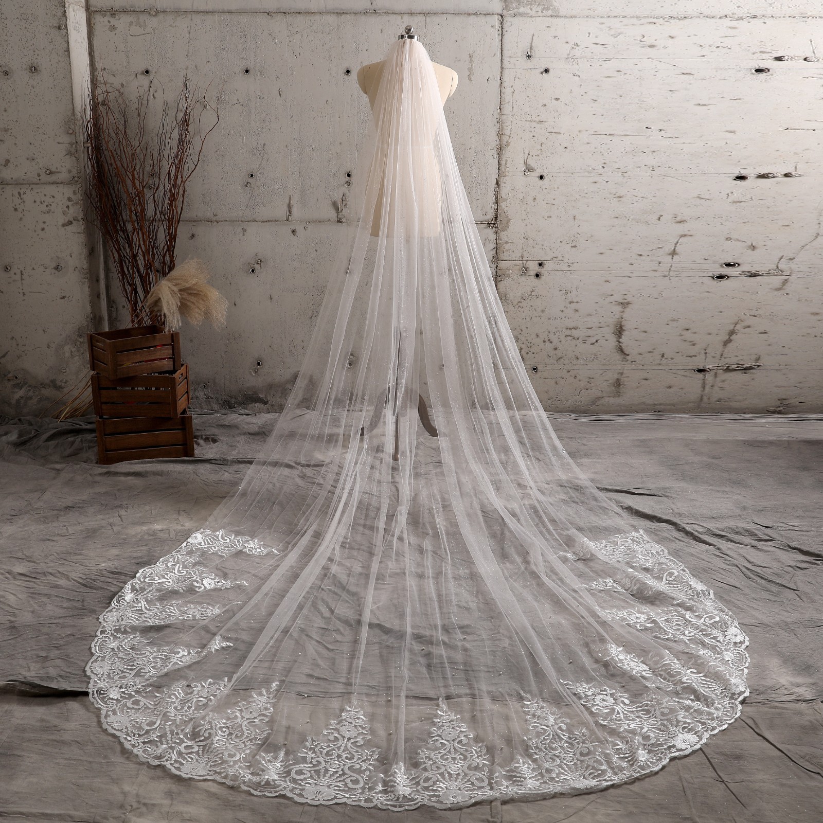 Shining Tulle with Pearls and Lace Royal Bridal Veil