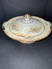 Vintage porcelain covered soup tureen with floral and gilt decoration