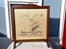 LARGE VINTAGE WOOD & ASIAN SILK EMBROIDERY TIGER & DEER FIRE SCREEN FIREGUARD