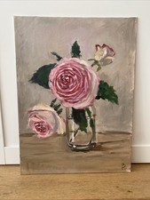 Original Stillleben: 3 Rosen im Glas, Acryl Auf Malkarton, 30x40cm