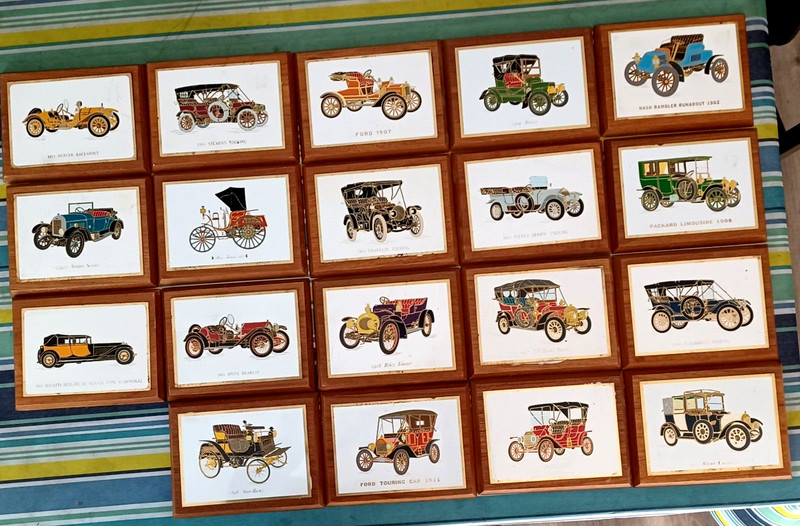 VINTAGE 1970's SET OF 19 ANTIQUE CAR PLAQUES 6.5" x 5" EACH  NEVER DISPLAYED