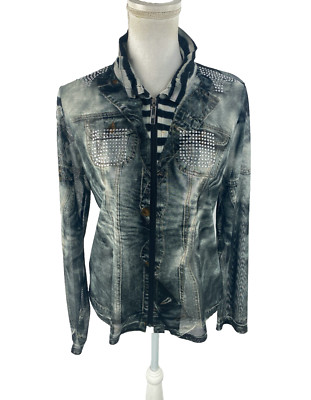 Damee Inc M Sheer Wired Collar Artsy Lagenlook Full Zip Studded Printed Jacket
