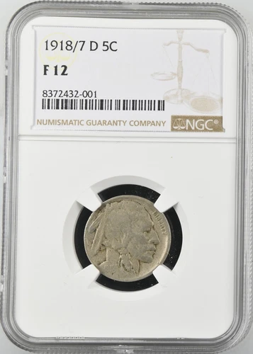 1918/7 D INDIAN BUFFALO NICKEL 5C NGC F12 FS101 OVERDATE FREE FED EX SHIPPING