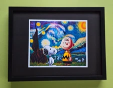 AIDAN FLUX | Hand Signed Authentic Print Framed Snoopy Starry Night Charlie  COA