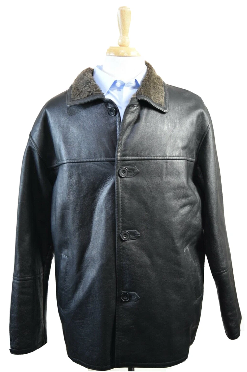 Mens Long Shearling Sheepskin Coat in Black Color with Wide Grey