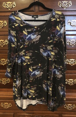 0X Premise Dark Gray Blues Print Soft Tunic Top Shark Bite 3/4 Sleeve Knit Shirt