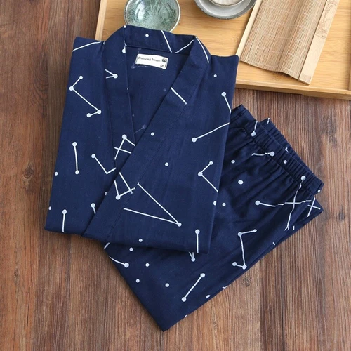 Herren Japanischer Kimono Pyjama Gaze Baumwolle Nachthemd Top + Hose Set Anzug Kits - Bild 14 von 17