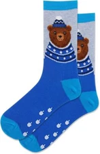 Hotsox Women's Fuzzy Bear Non Skid Socks 1 Pair, Blue, Women's 9-11 Shoe