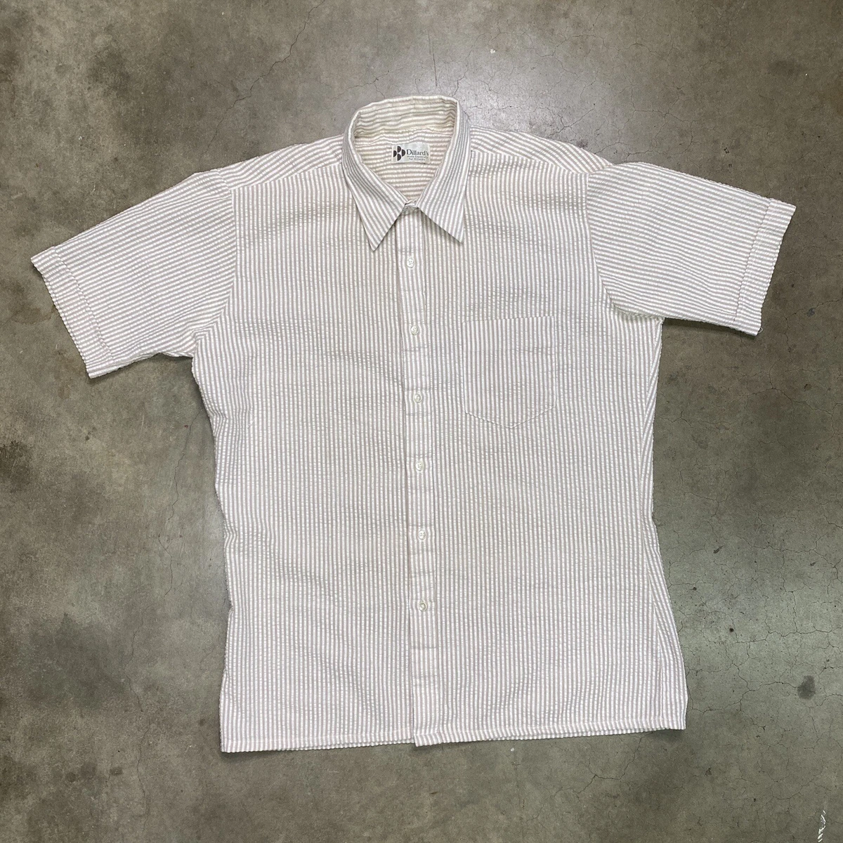 Vintage Dillard's khaki seersucker striped short sleeve shirt size Large XL 90s