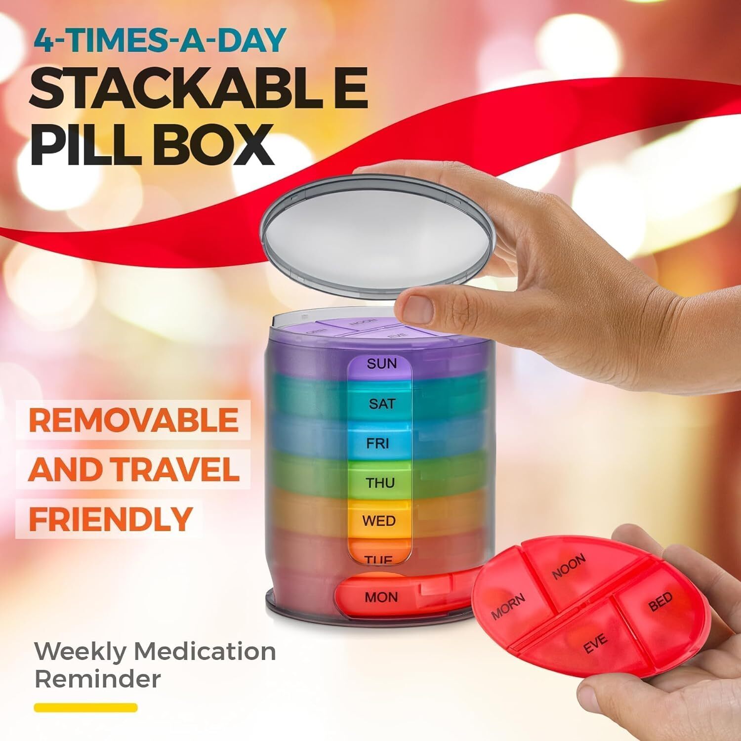Medca Weekly Pill Organizer, 1 Dispenser, 7 Stackable Multi-Color Compartments F