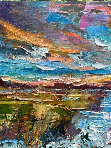 Colorful Sunset Over a Lake Nature Landscape Oil Painting on Canvas 14x18 inches - Picture 3 of 10