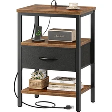 Compact Nightstand With Adjustable Drawer, Charging Ports, Brown
