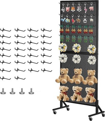 Black 24'' x 70'' Metal Pegboard Display Stand on Wheels with 30 Hooks T-Base