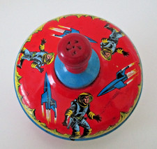 Vtg Ohio Art Toy Tin Litho Spinning Pump Top Astronauts Spaceships Rockets AZ5