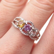 925 Sterling Silver Vintage Real Round-Cut Multi-Color Topaz Ring Size 6.75