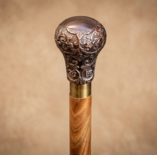 Brass Embossed Knob Handle Walking Cane Hardwood Wooden Stick Gift Cosplay