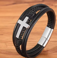 Men Stainless Steel Cross Leather Bracelet Luxury Multicolor Wristband Xmas Gift