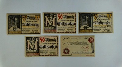 5 Notgeldscheine der Stadt Mühlhausen (Thüringen): 5 x 50 Pfennig